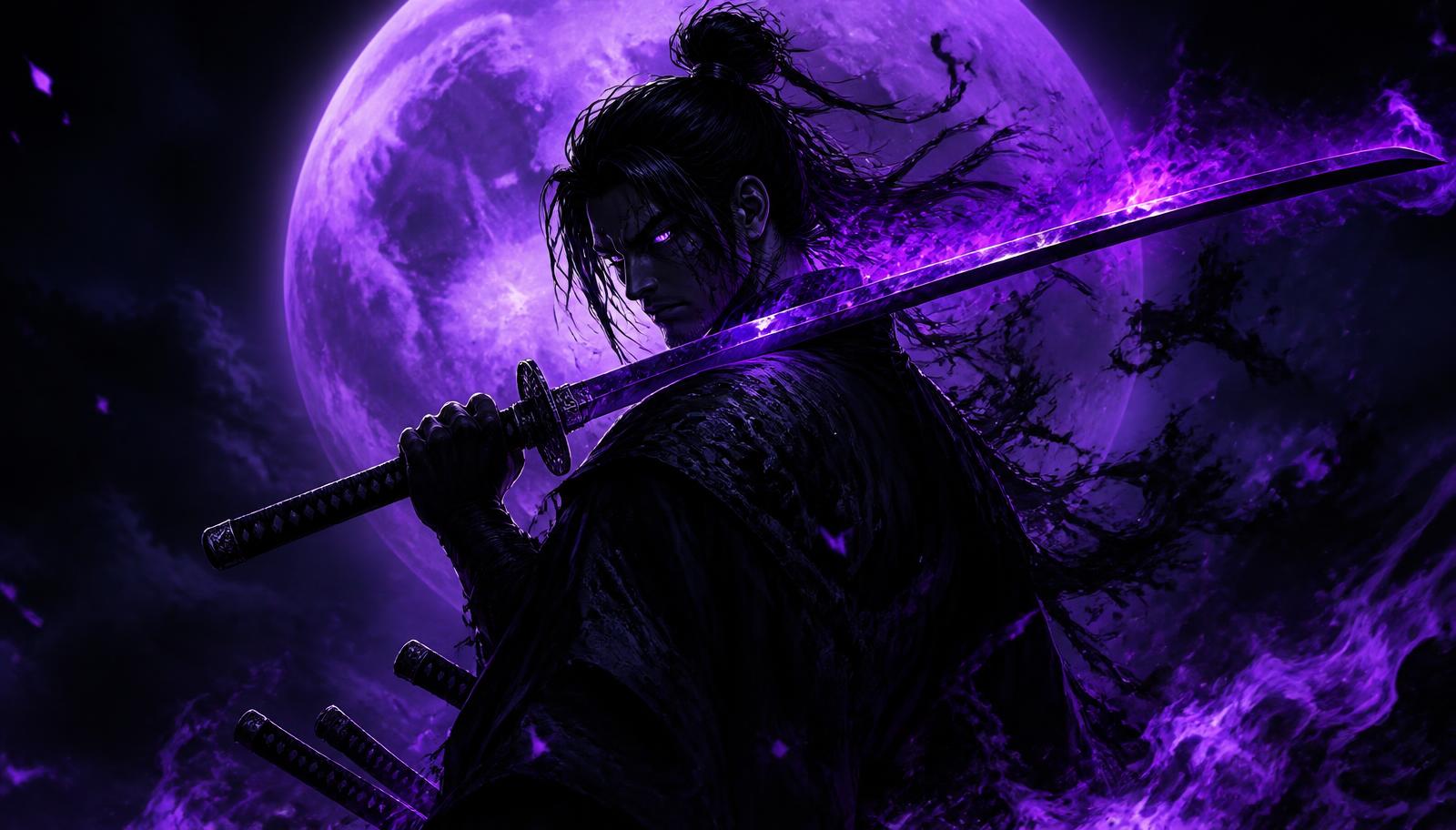Anime samurai surrounded by purple flames beneath a glowing moon